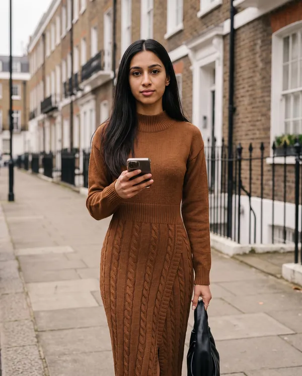 Satin Eve styling: Cable-Knit Mock-Neck Midi Dress