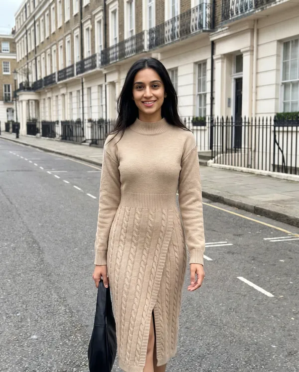 Satin Eve styling: Cable-Knit Mock-Neck Midi Dress