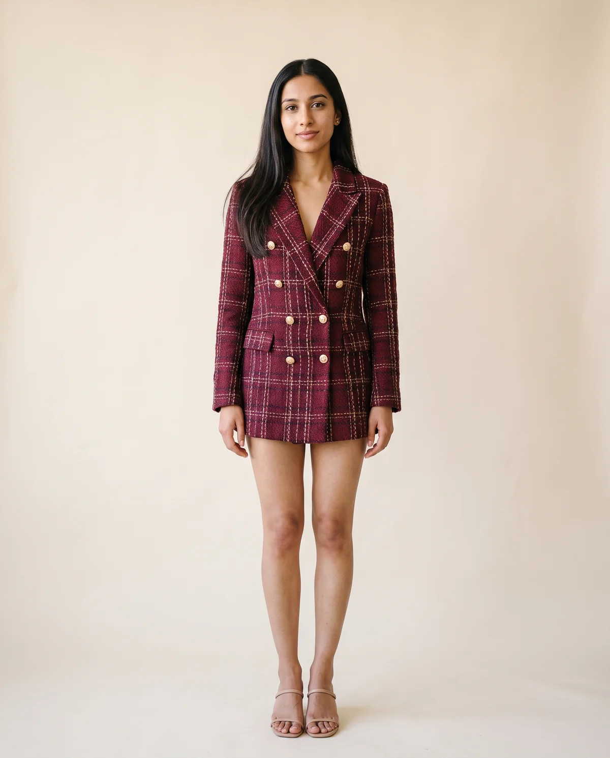 Plaid Tweed Double-Breasted Blazer in Burgundy Plaid, front view, worn by Priya