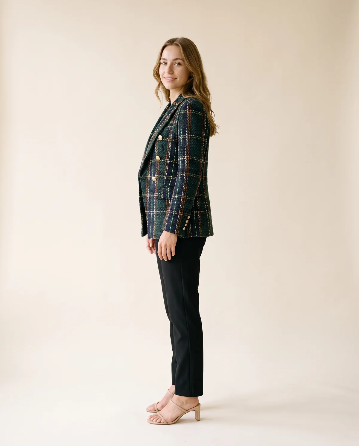Plaid Tweed Double-Breasted Blazer in Forest Plaid, side view, worn by Ava