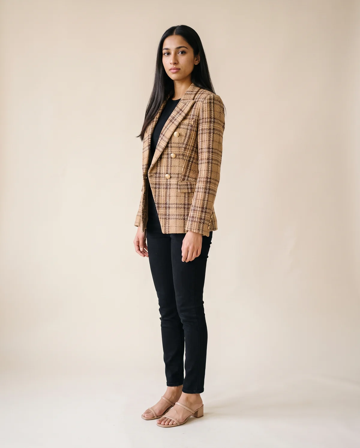 Plaid Tweed Double-Breasted Blazer in Camel Plaid, side view, worn by Priya