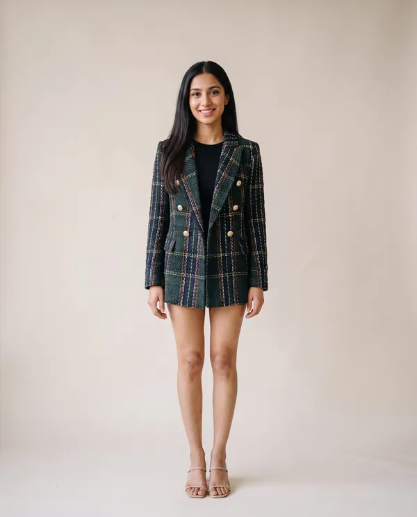 Plaid Tweed Double-Breasted Blazer in Forest Plaid, front view, worn by Priya