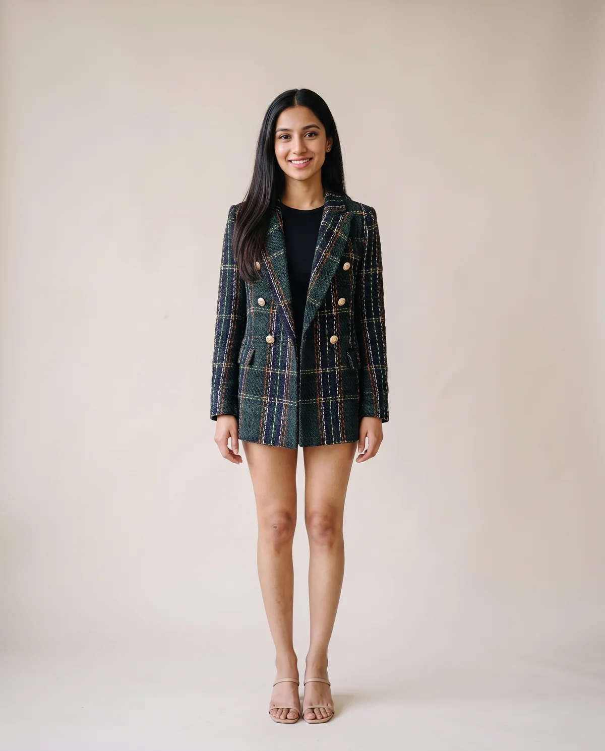 Plaid Tweed Double-Breasted Blazer in Forest Plaid, front view, worn by Priya