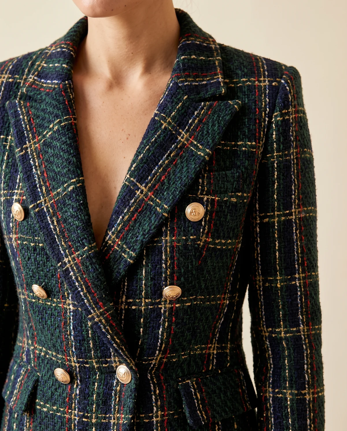 Plaid Tweed Double-Breasted Blazer in Forest Plaid, close-up of the detail