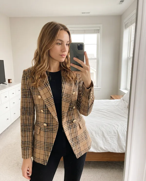 Satin Eve styling: Plaid Tweed Double-Breasted Blazer