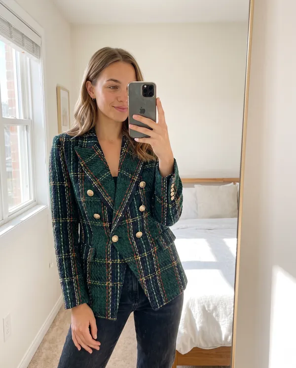 Satin Eve styling: Plaid Tweed Double-Breasted Blazer