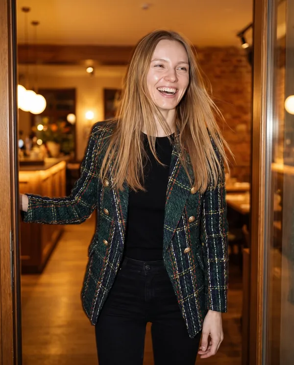 Satin Eve styling: Plaid Tweed Double-Breasted Blazer