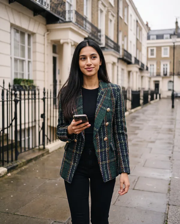 Satin Eve styling: Plaid Tweed Double-Breasted Blazer