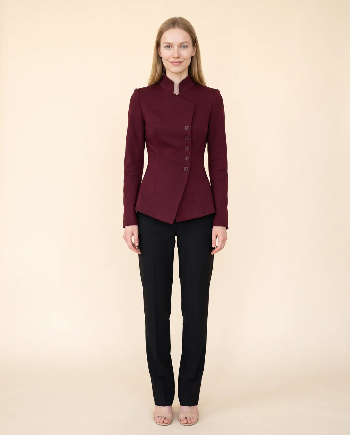 Asymmetric Stand-Collar Blazer in Burgundy, front view, worn by Maya