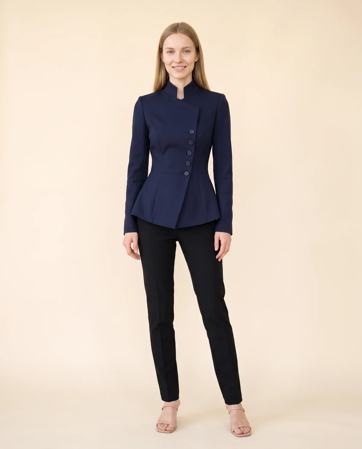 Asymmetric Stand-Collar Blazer in Navy, front view, worn by Maya