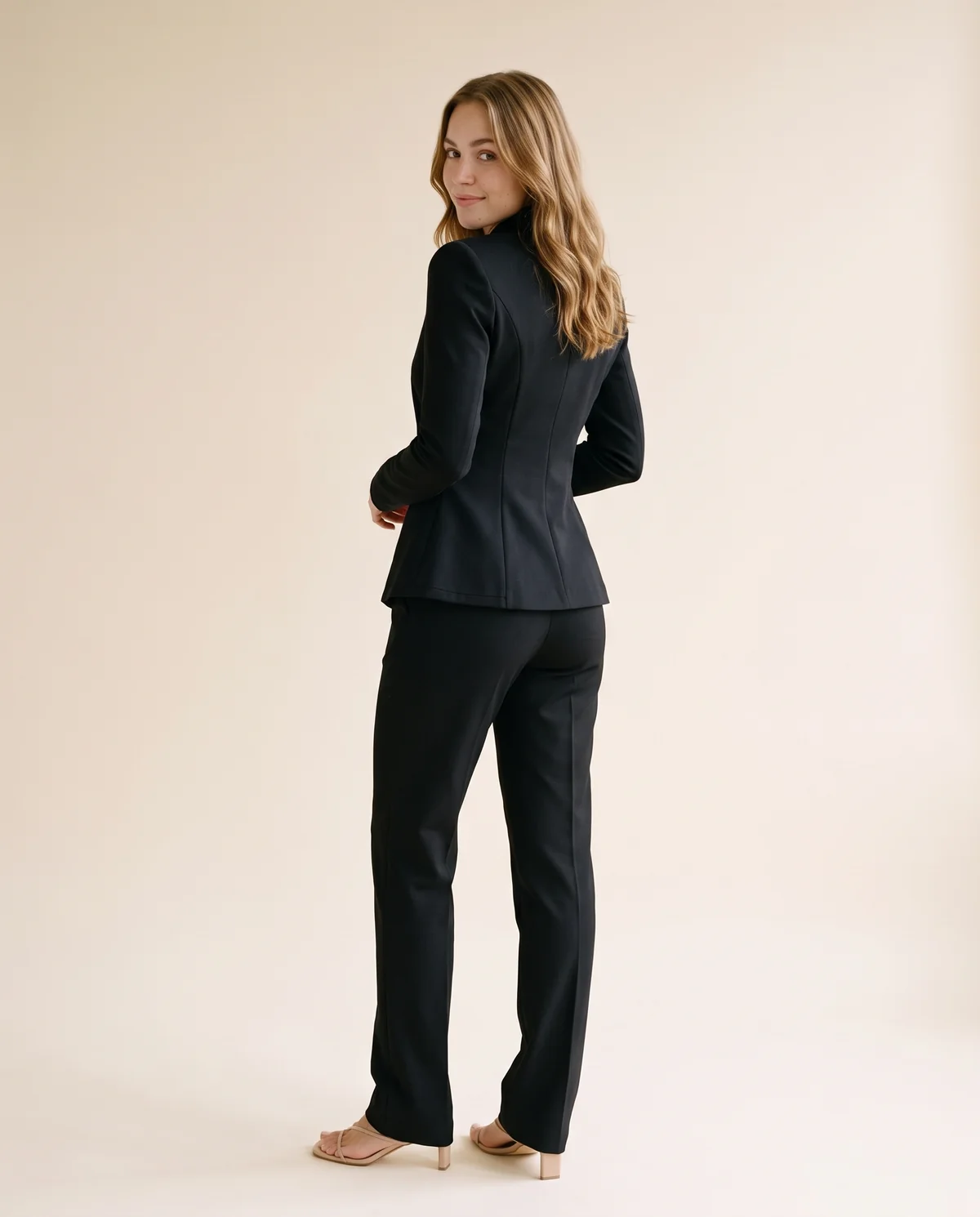 Asymmetric Stand-Collar Blazer in Black, back view, worn by Ava