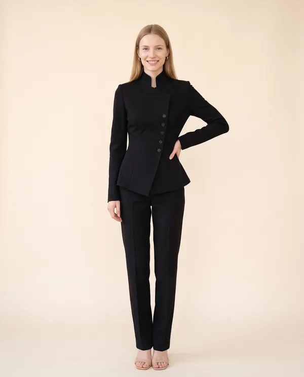 Asymmetric Stand-Collar Blazer in Black, front view, worn by Maya