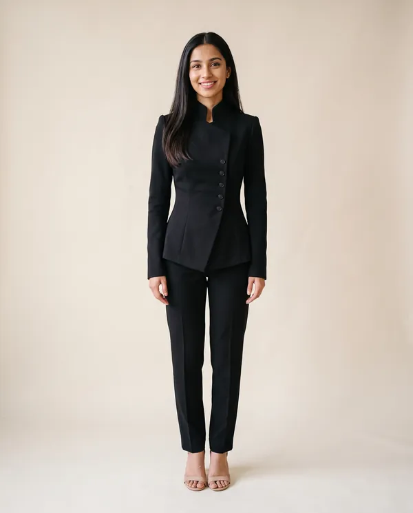 Asymmetric Stand-Collar Blazer in Black, front view, worn by Priya