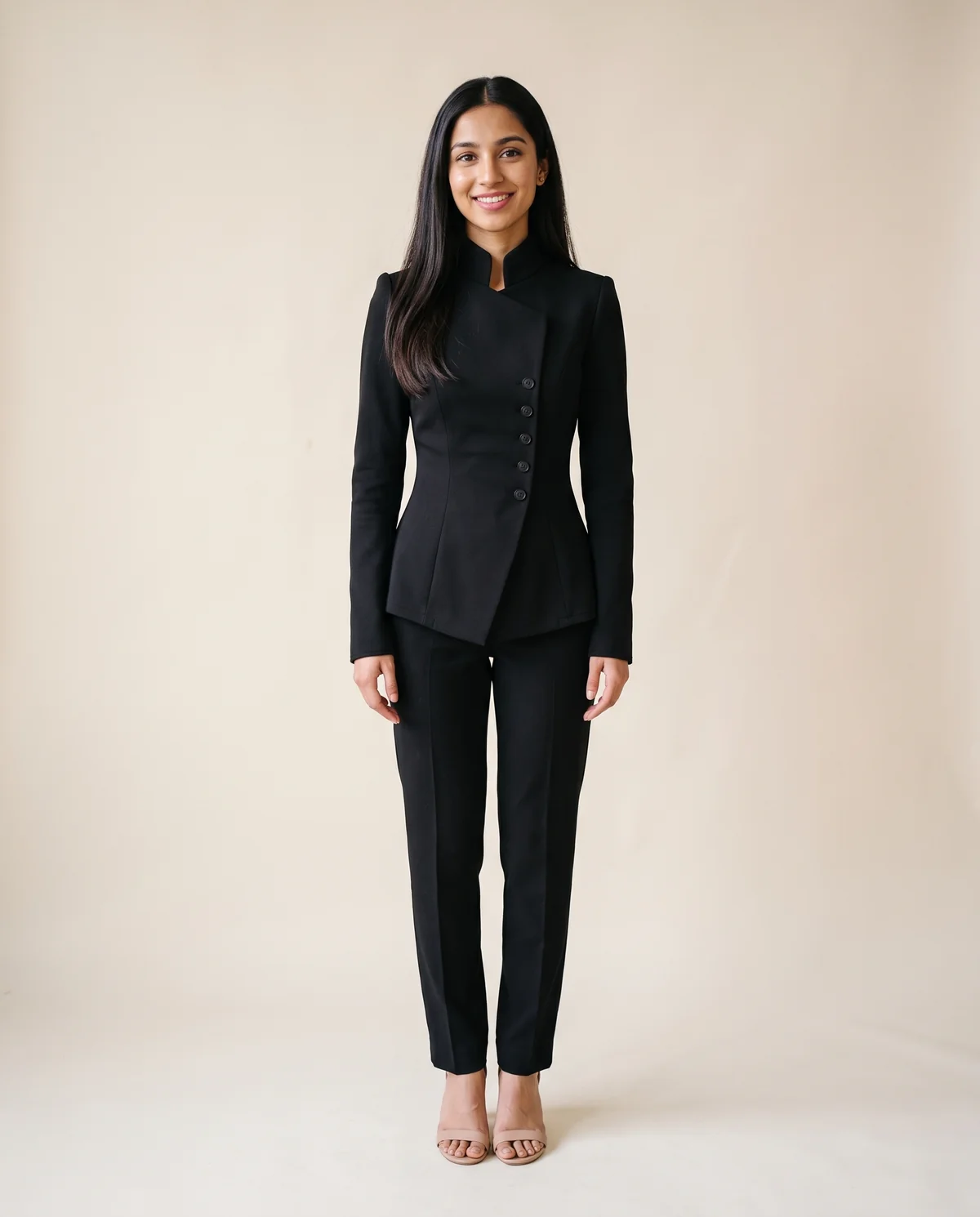 Asymmetric Stand-Collar Blazer in Black, front view, worn by Priya
