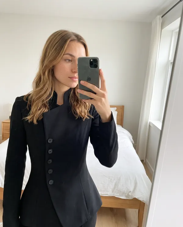 Satin Eve styling: Asymmetric Stand-Collar Blazer