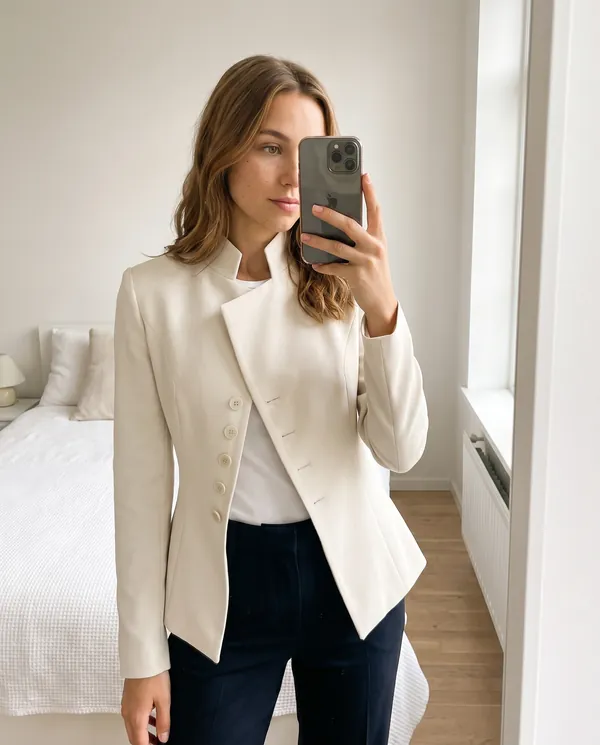 Satin Eve styling: Asymmetric Stand-Collar Blazer