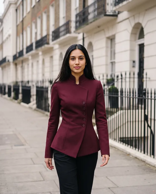 Satin Eve styling: Asymmetric Stand-Collar Blazer