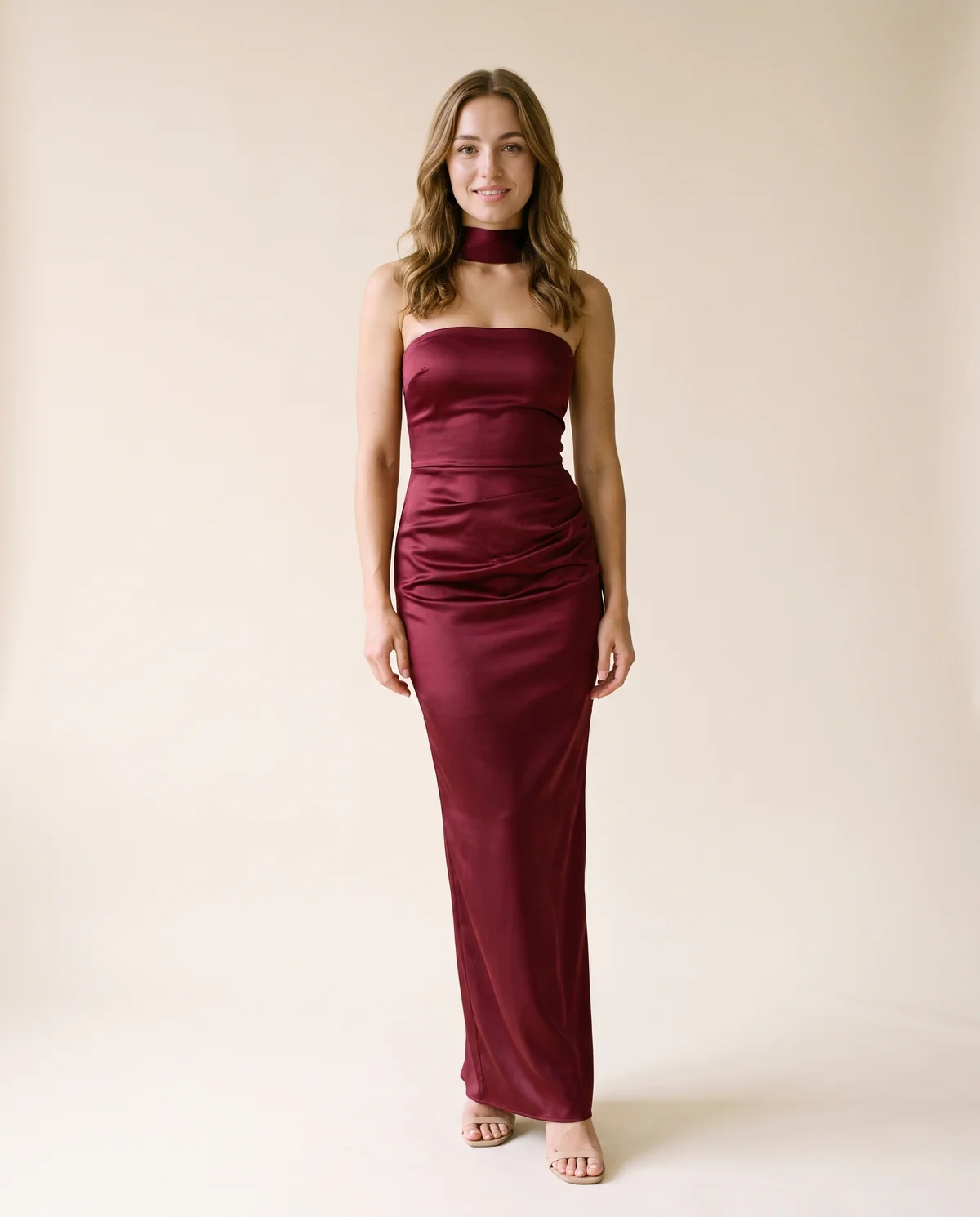 Satin Choker-Neck Column Maxi Dress in Wine, front view, worn by Ava
