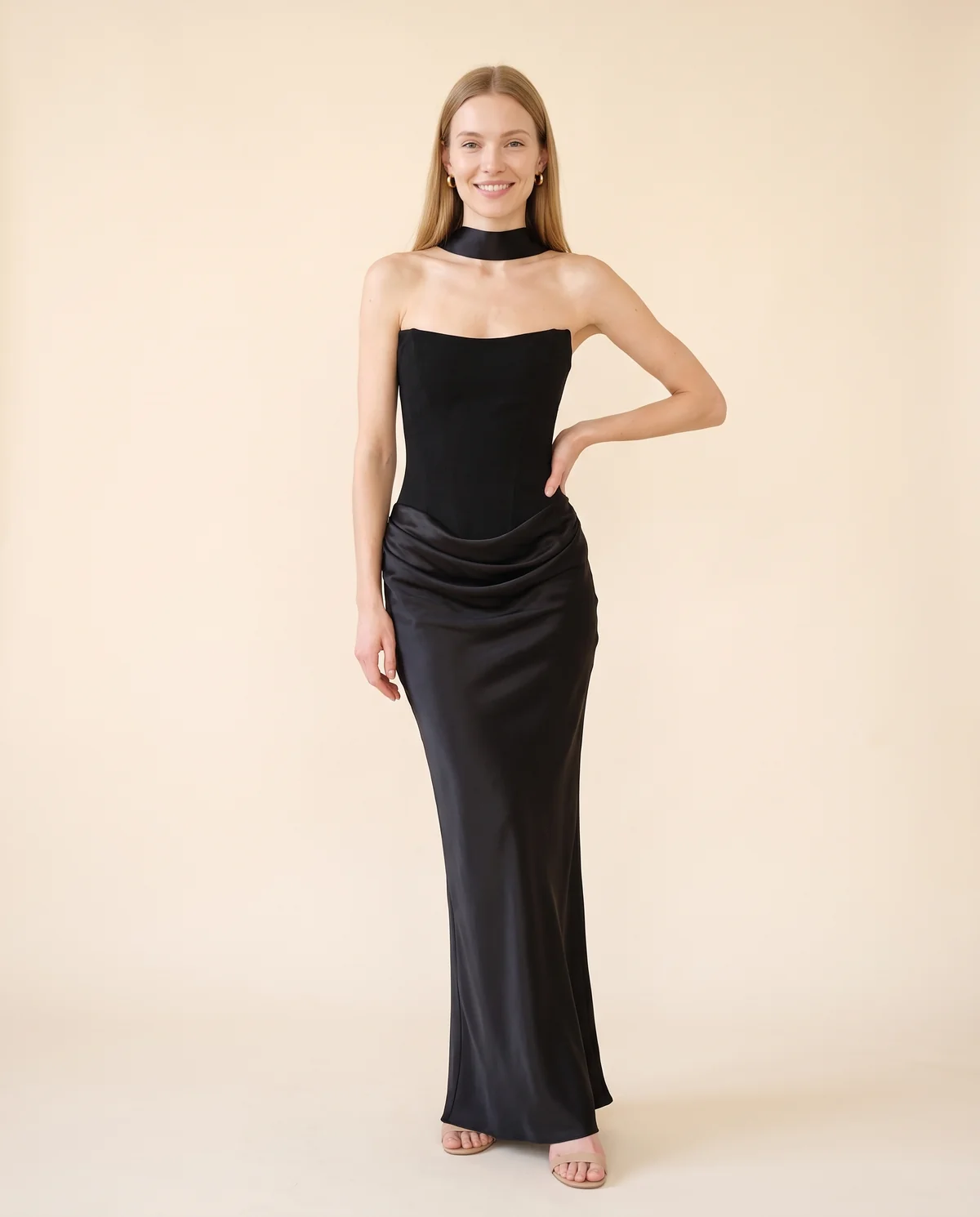 Satin Choker-Neck Column Maxi Dress in Black, front view, worn by Maya