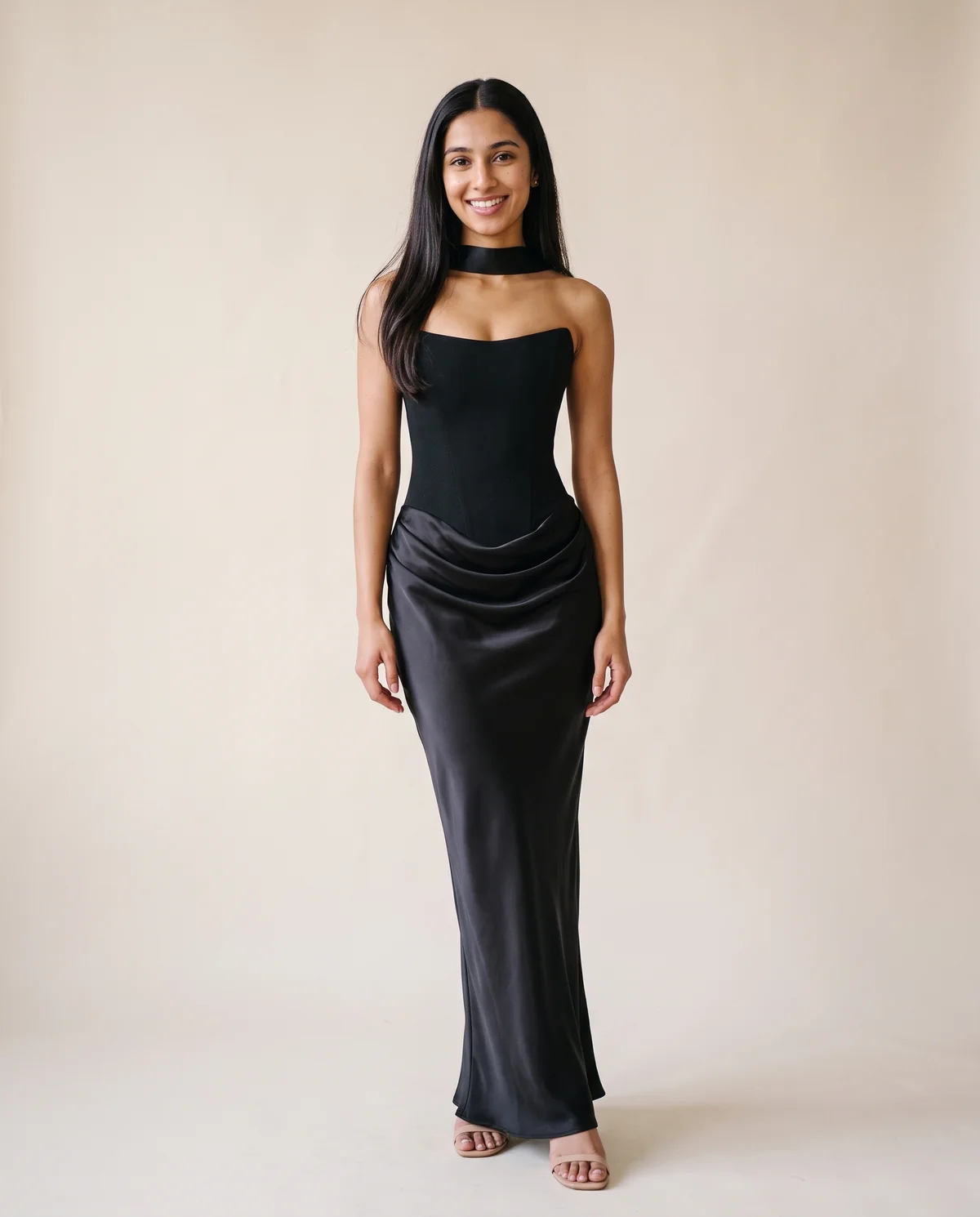 Satin Choker-Neck Column Maxi Dress in Black, front view, worn by Priya