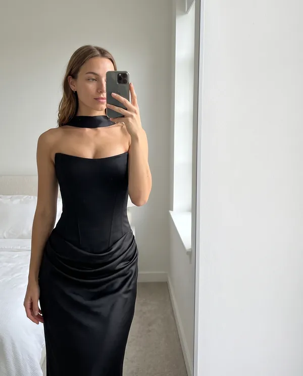 Satin Eve styling: Satin Choker-Neck Column Maxi Dress