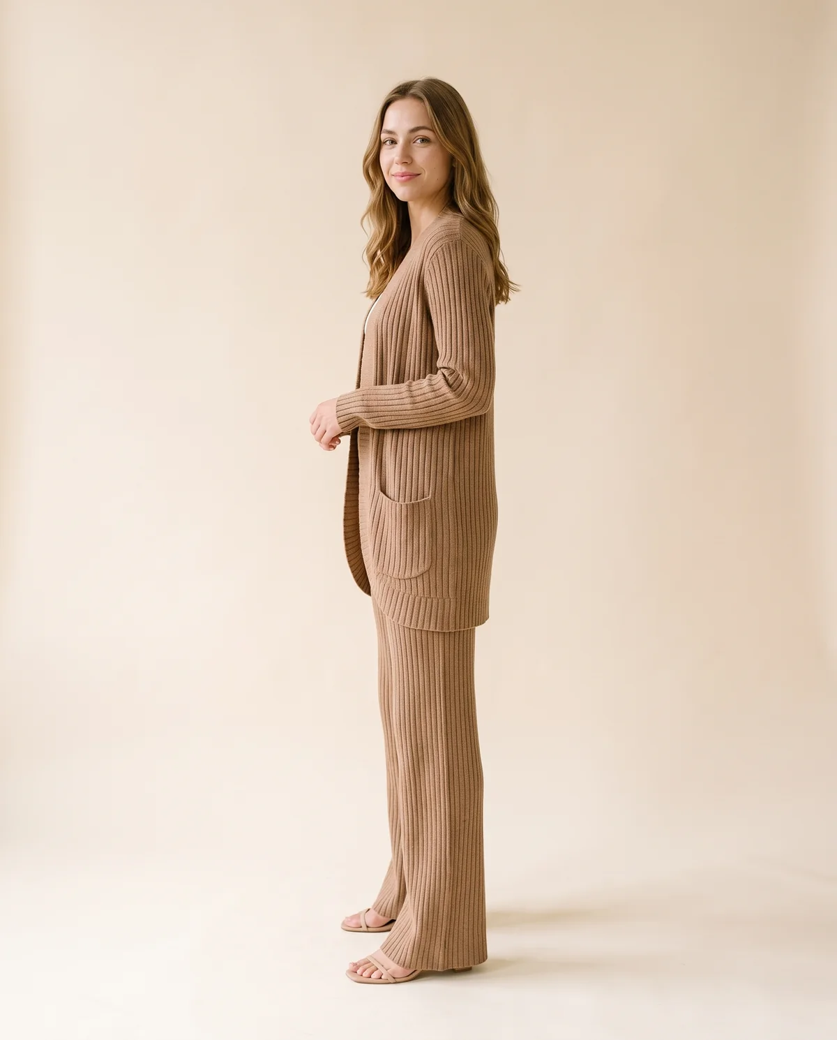 Ribbed Longline Cardigan and Wide-Leg Trouser Set in Camel, side view, worn by Ava