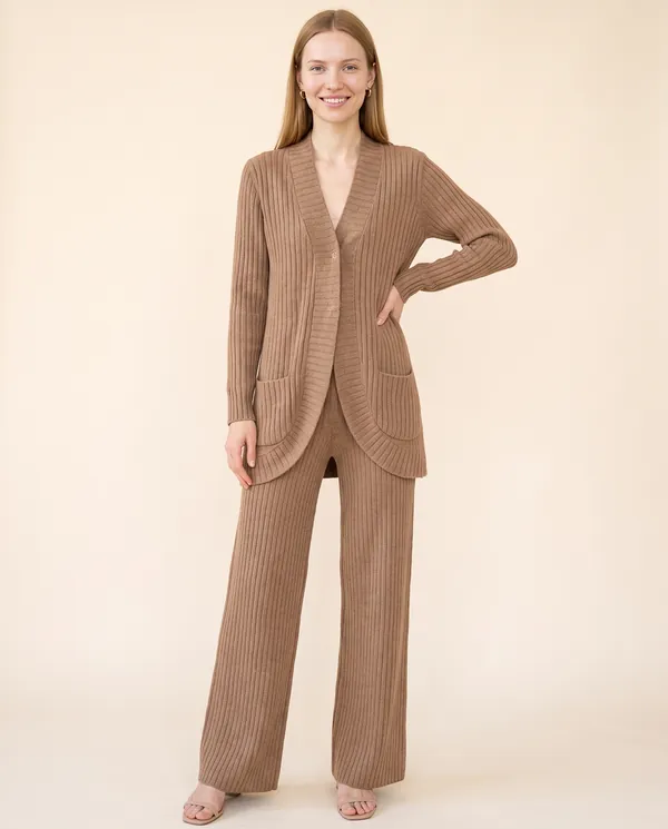Ribbed Longline Cardigan and Wide-Leg Trouser Set in Camel, front view, worn by Maya
