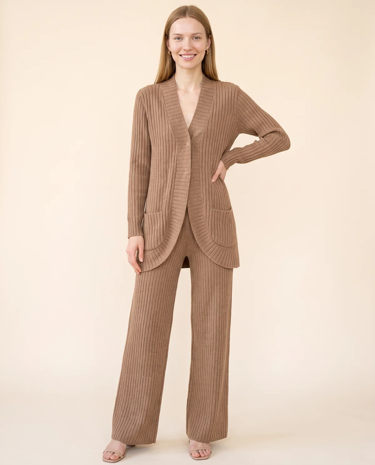 Ribbed Longline Cardigan and Wide-Leg Trouser Set in Camel, front view, worn by Maya