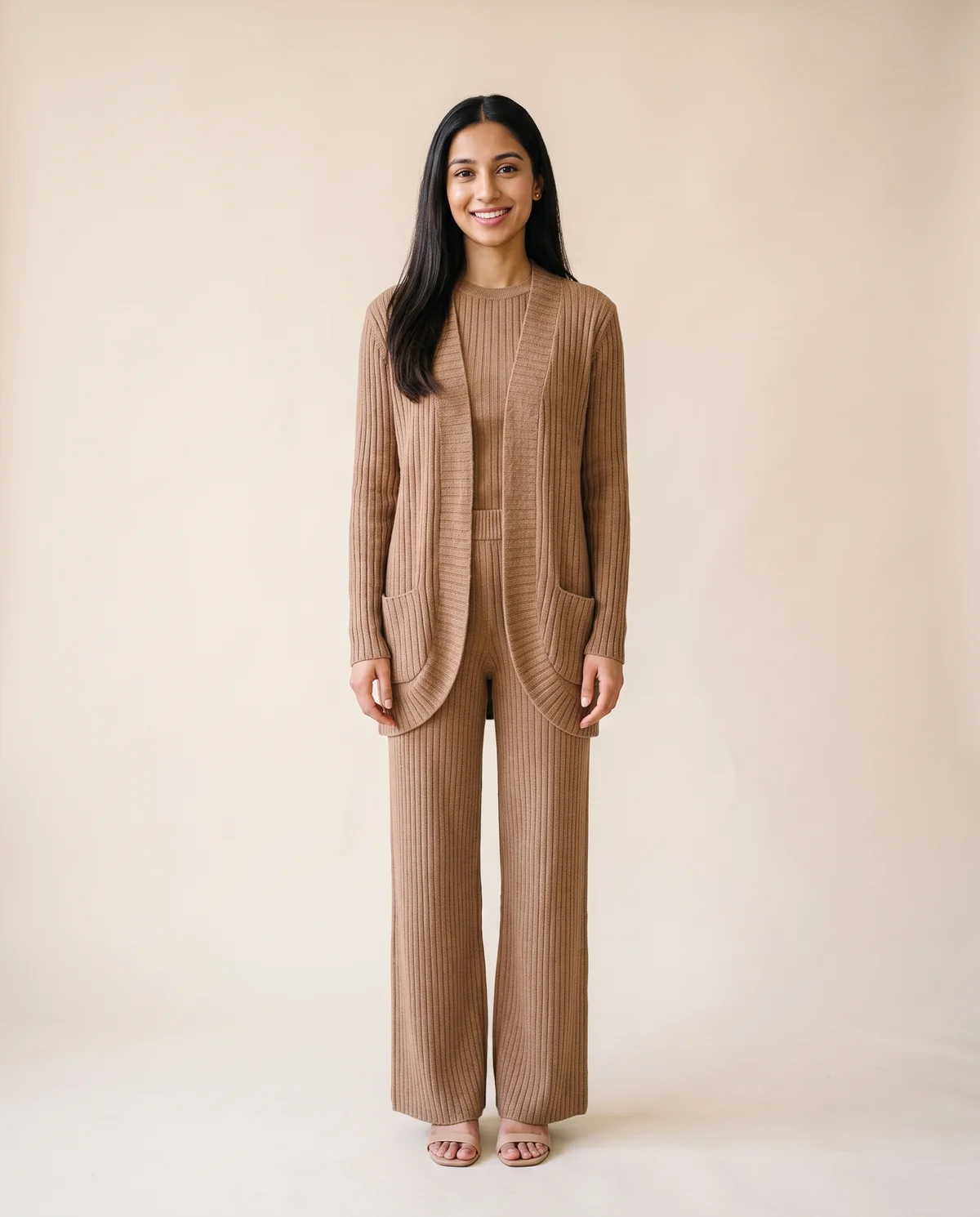 Ribbed Longline Cardigan and Wide-Leg Trouser Set in Camel, front view, worn by Priya