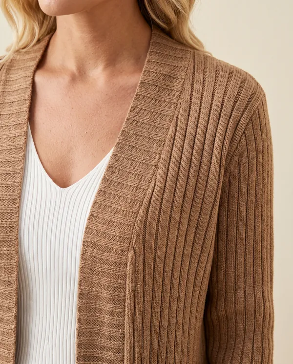 Ribbed Longline Cardigan and Wide-Leg Trouser Set in Camel, close-up of the detail