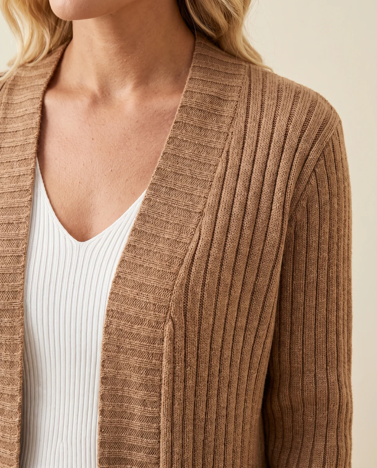 Ribbed Longline Cardigan and Wide-Leg Trouser Set in Camel, close-up of the detail