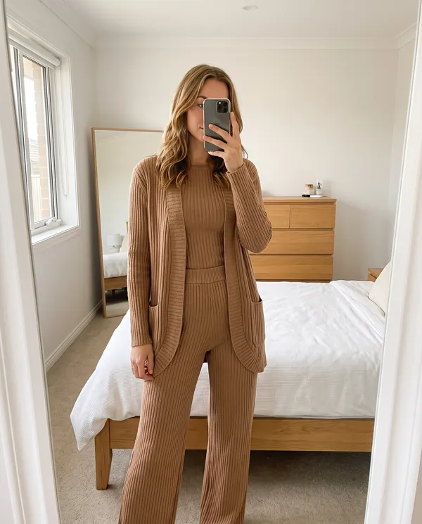 Satin Eve styling: Ribbed Longline Cardigan and Wide-Leg Trouser Set