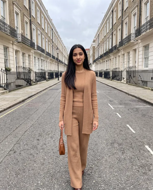 Satin Eve styling: Ribbed Longline Cardigan and Wide-Leg Trouser Set
