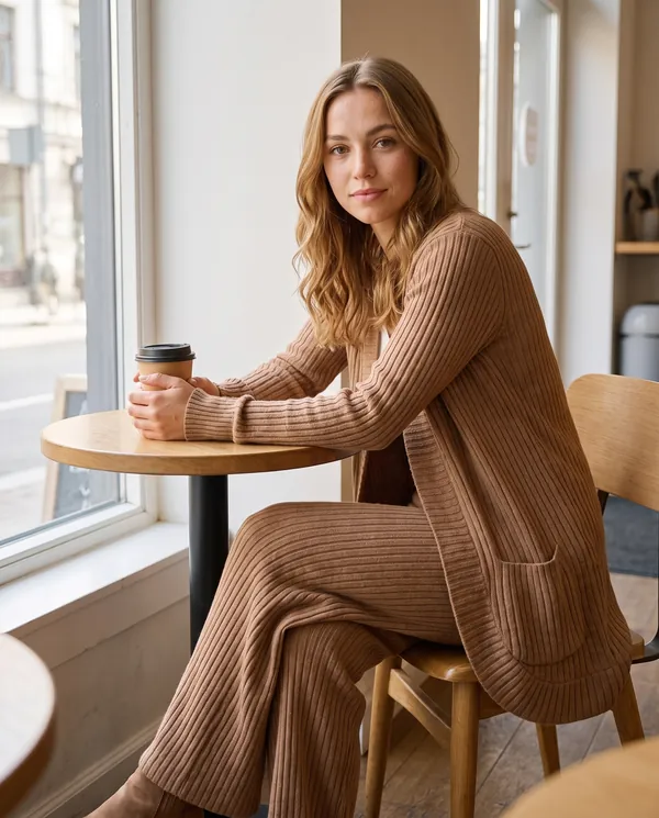 Satin Eve styling: Ribbed Longline Cardigan and Wide-Leg Trouser Set