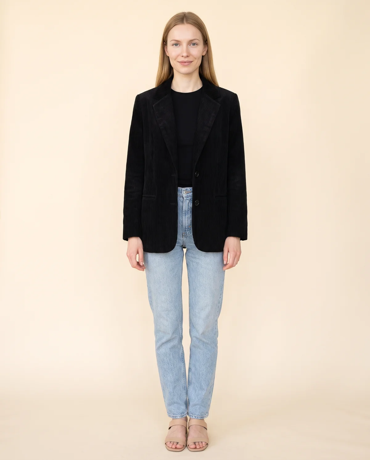 Corduroy Relaxed Blazer in Black, front view, worn by Maya
