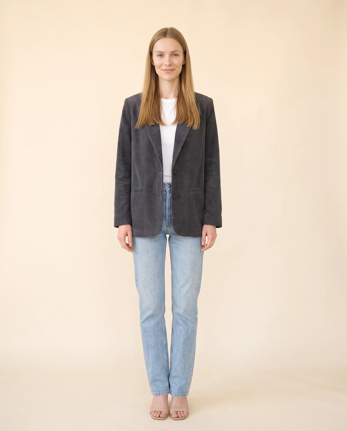 Corduroy Relaxed Blazer in Charcoal, front view, worn by Maya