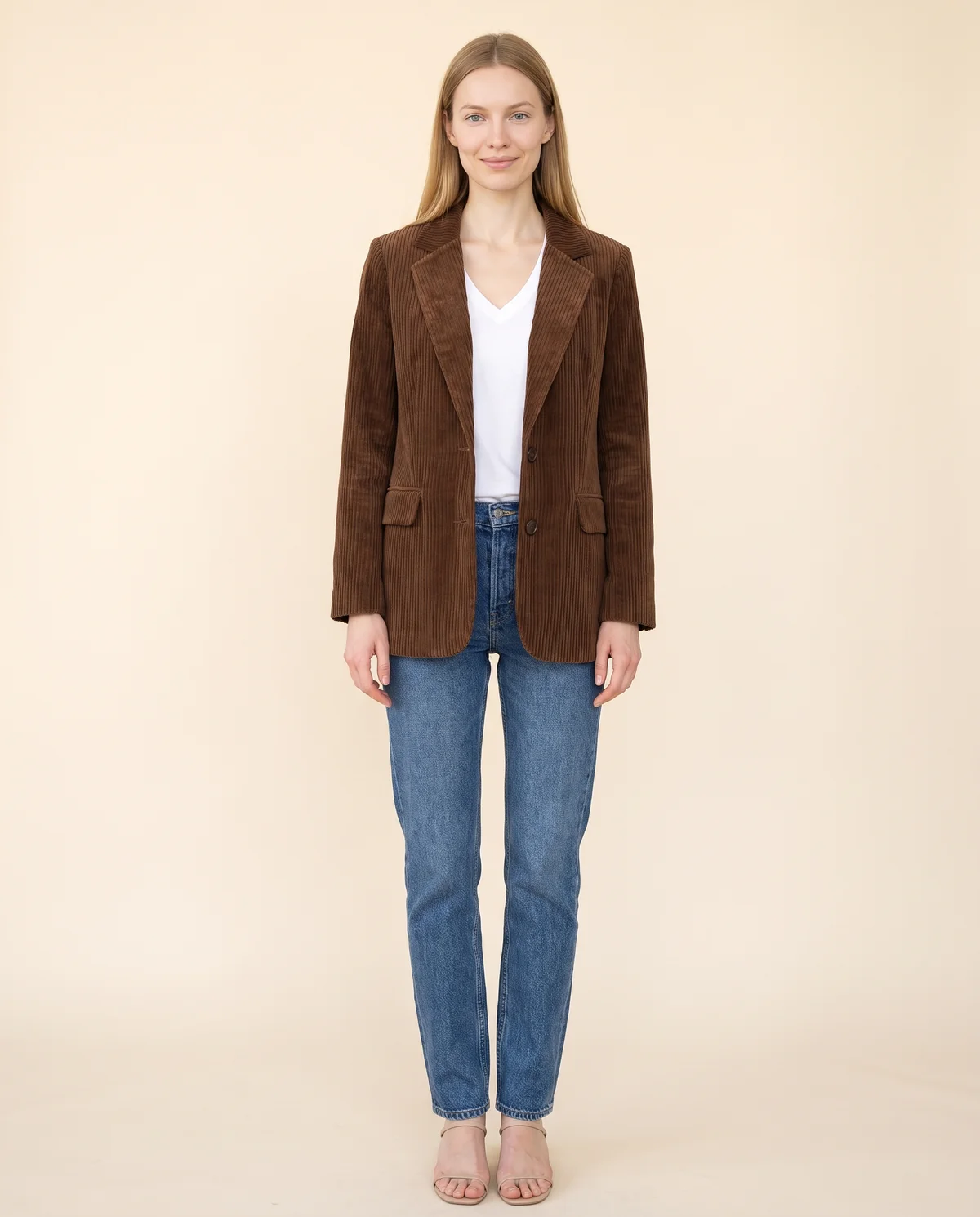Corduroy Relaxed Blazer in Chocolate, front view, worn by Maya
