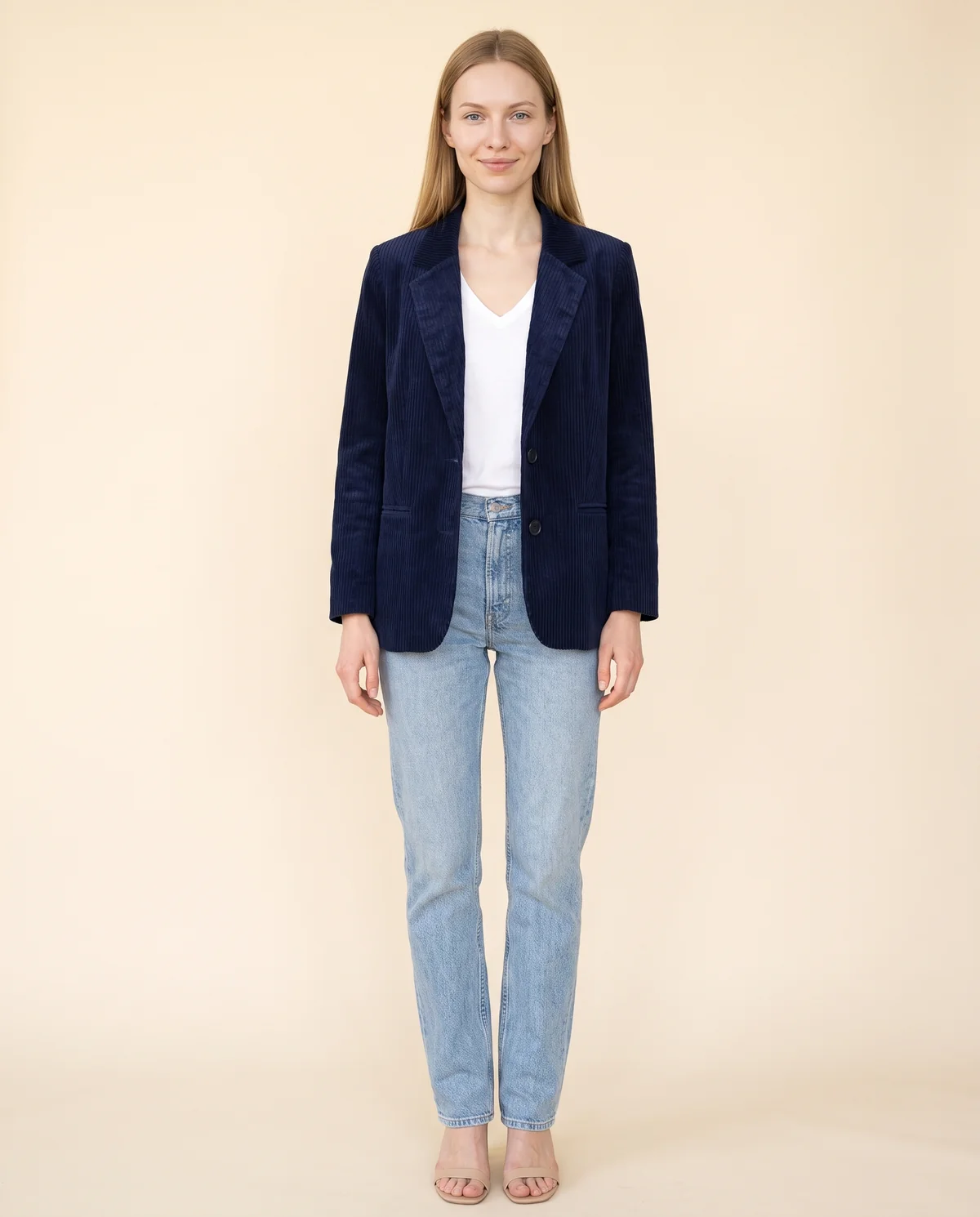 Corduroy Relaxed Blazer in Navy, front view, worn by Maya