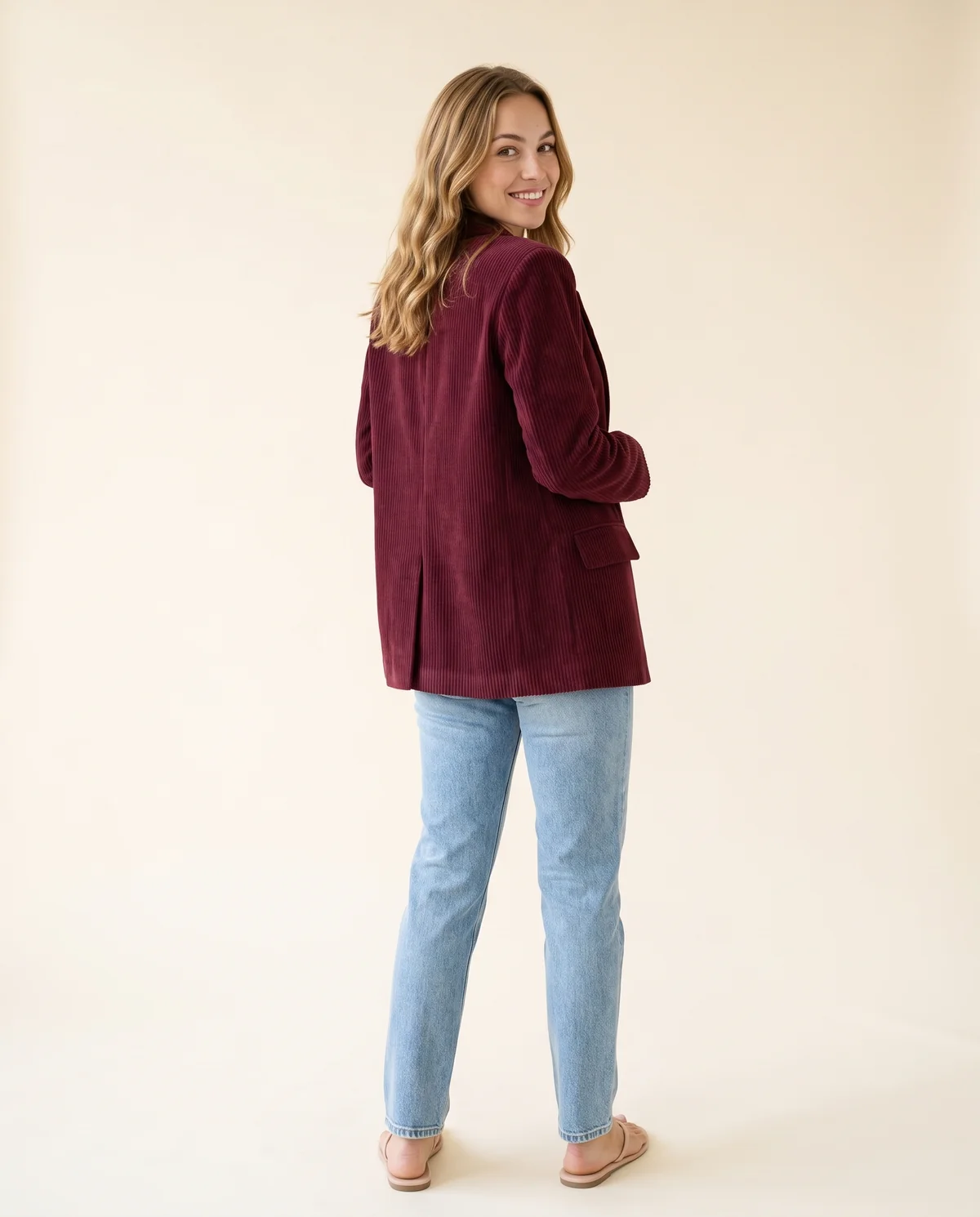 Corduroy Relaxed Blazer in Burgundy, back view, worn by Ava