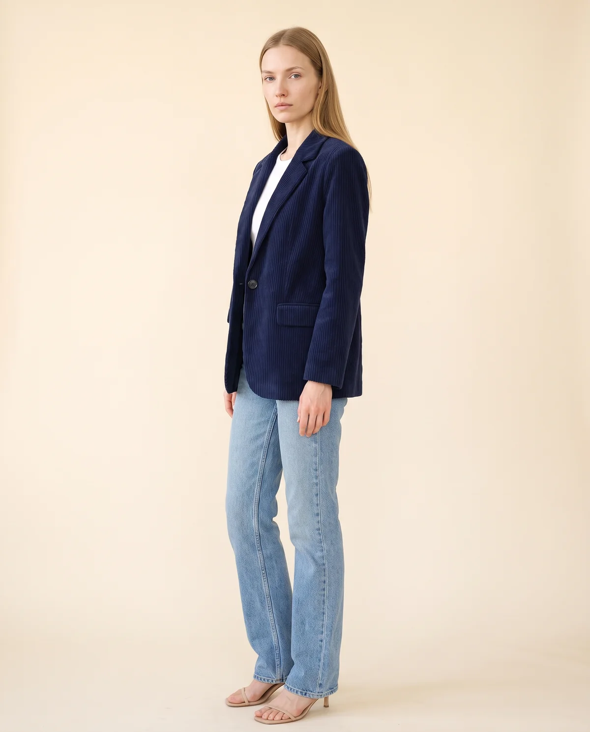 Corduroy Relaxed Blazer in Navy, side view, worn by Maya