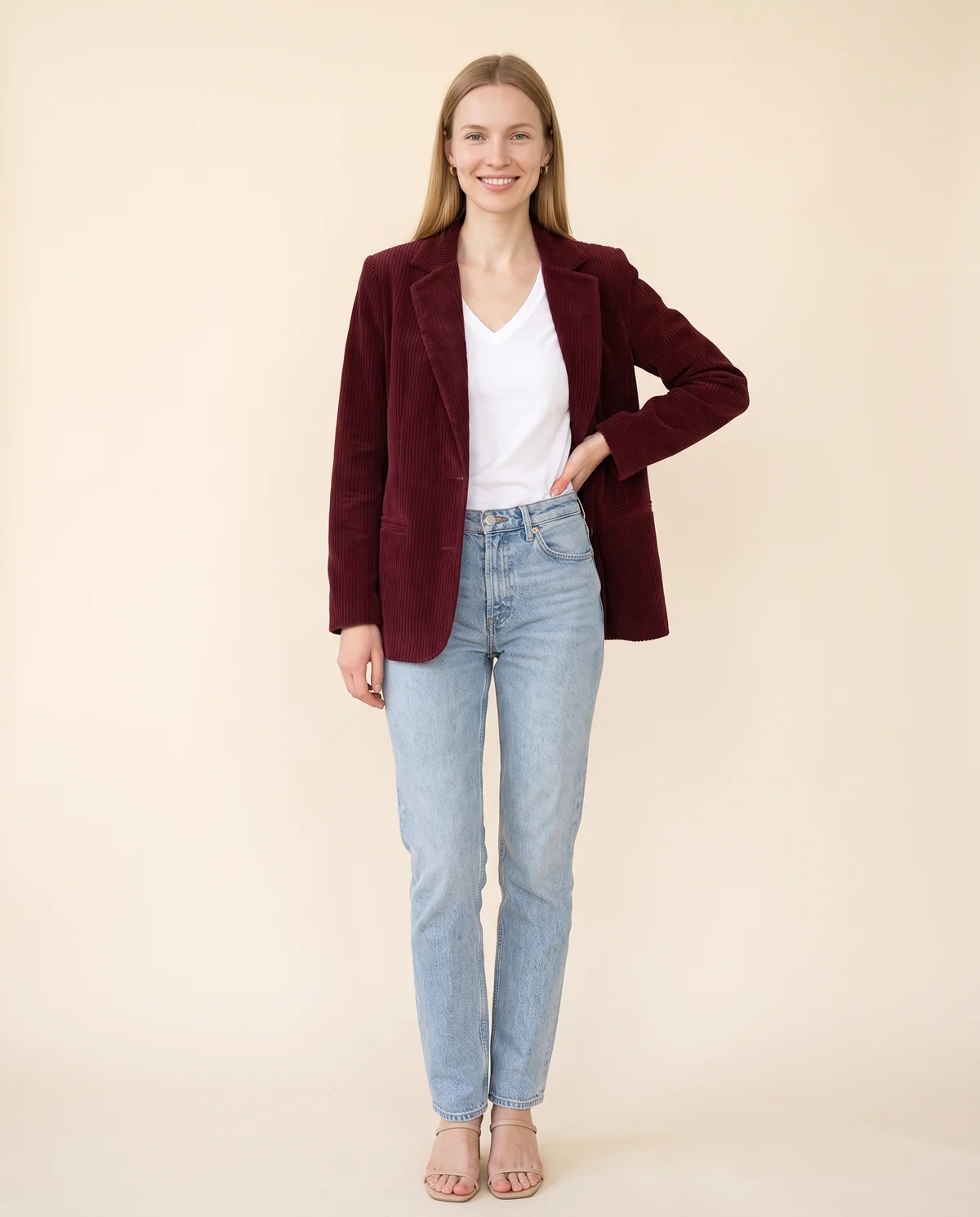 Corduroy Relaxed Blazer in Burgundy, front view, worn by Maya