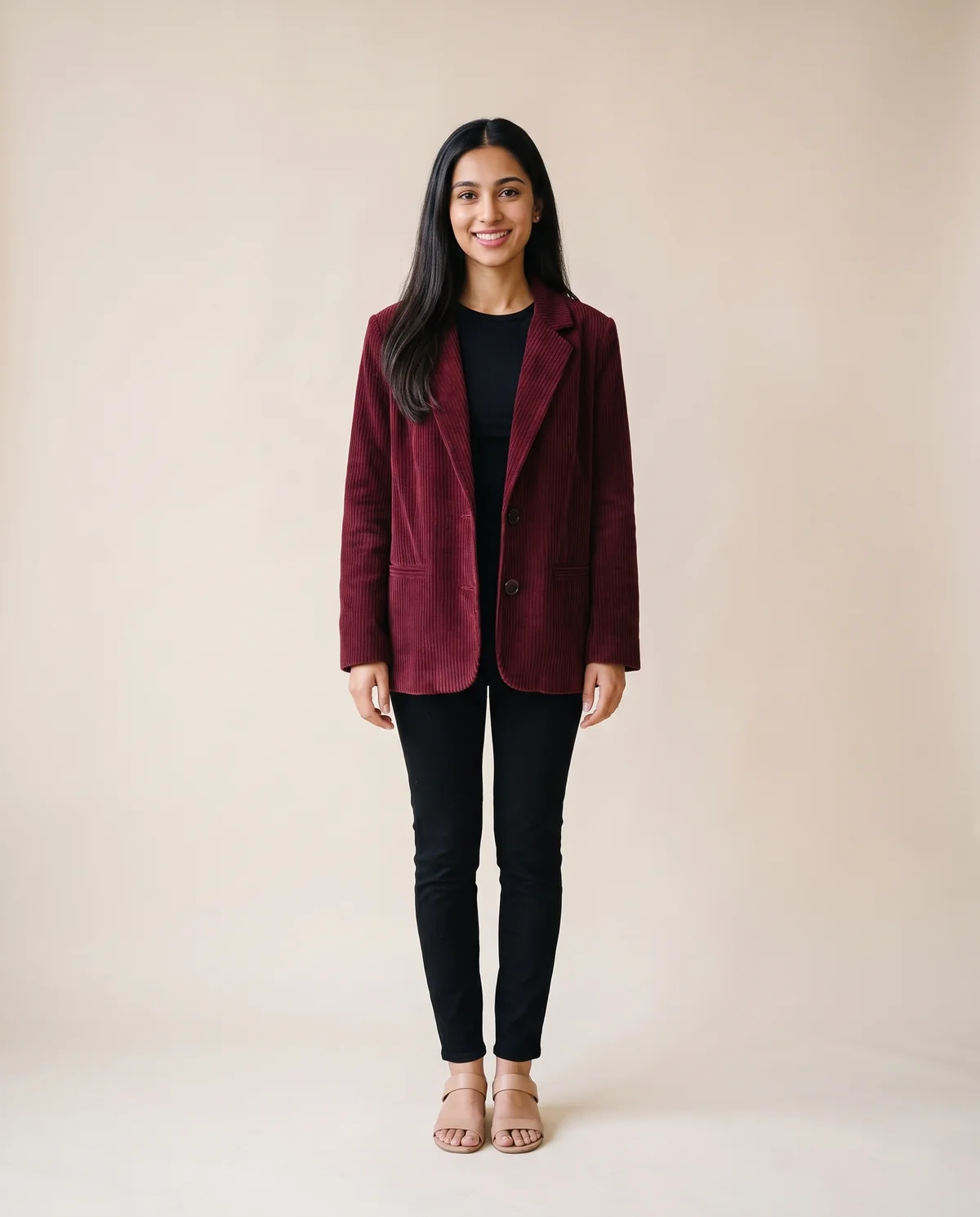 Corduroy Relaxed Blazer in Burgundy, front view, worn by Priya