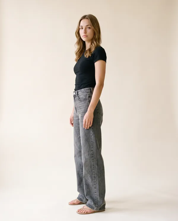 Washed Wide-Leg Jeans in Washed Grey, side view, worn by Ava