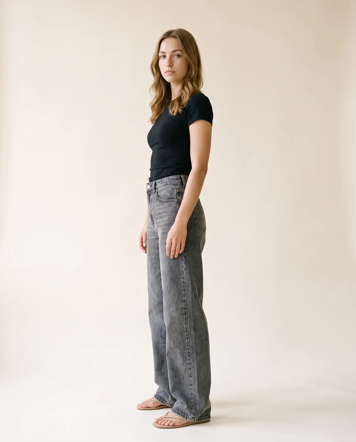 Washed Wide-Leg Jeans in Washed Grey, side view, worn by Ava