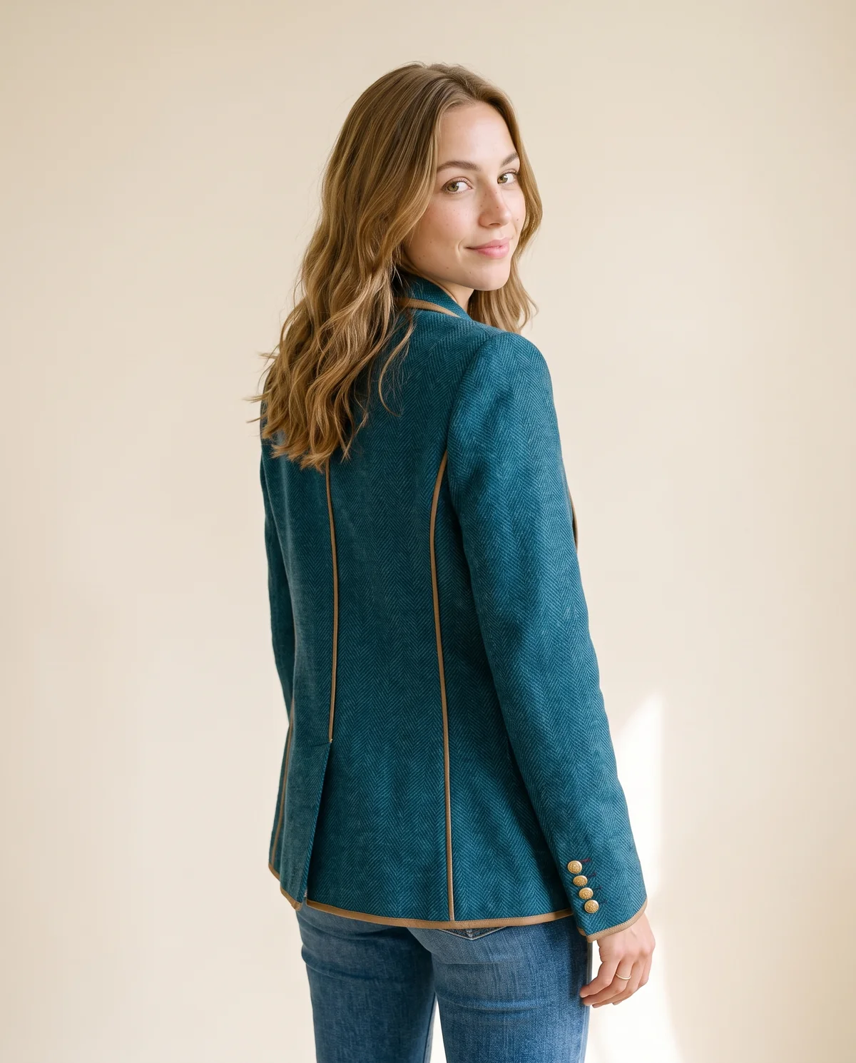 Herringbone Blazer with Contrast Trim in Peacock Blue, back view, worn by Ava