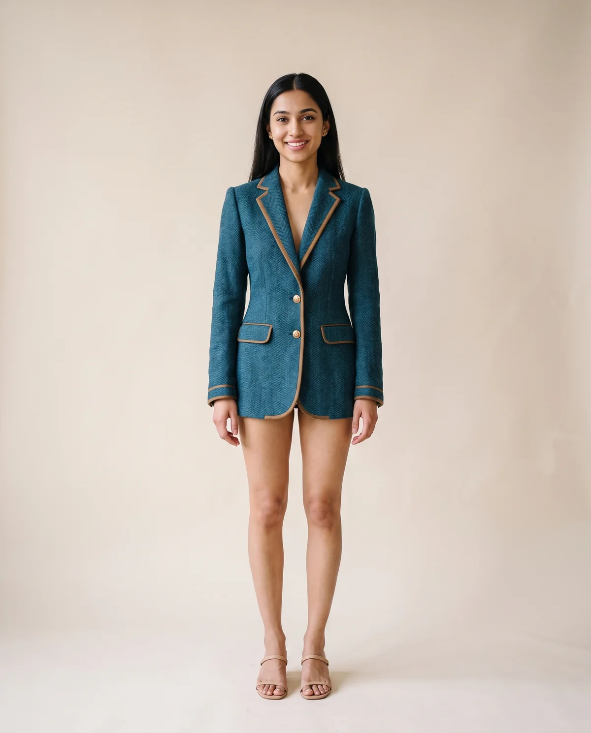 Herringbone Blazer with Contrast Trim in Peacock Blue, front view, worn by Priya