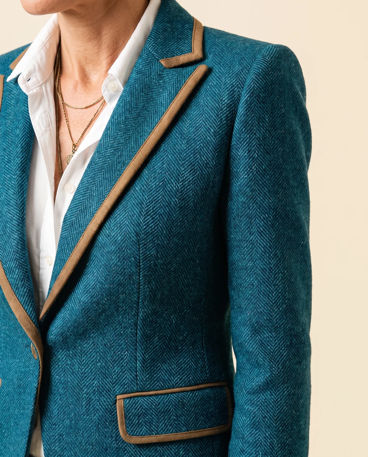 Herringbone Blazer with Contrast Trim in Peacock Blue, close-up of the detail