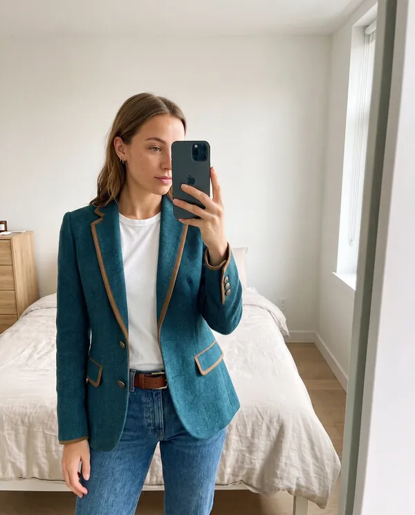 Satin Eve styling: Herringbone Blazer with Contrast Trim