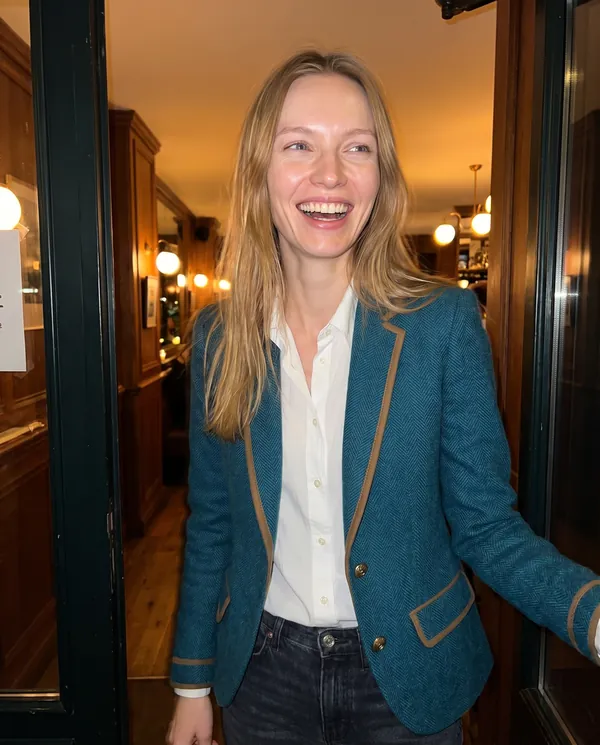 Satin Eve styling: Herringbone Blazer with Contrast Trim