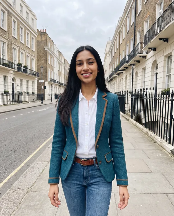 Satin Eve styling: Herringbone Blazer with Contrast Trim